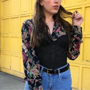 Silky Navy Floral Vintage Button Down Blouse
